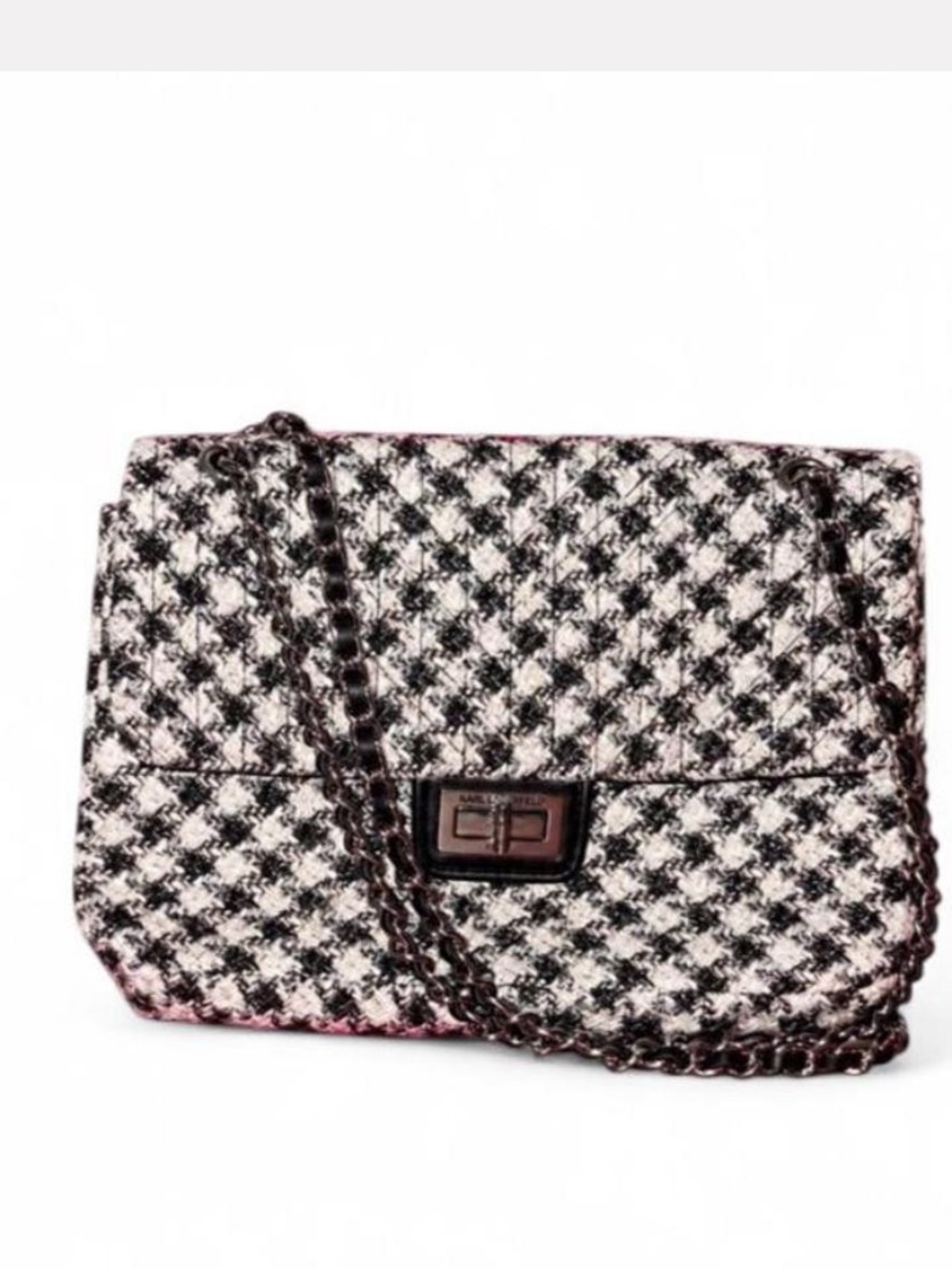 Karl Lagerfeld Black & White Tweed (Houndstooth)Chain Shoulder Bag